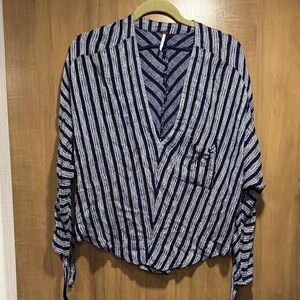 Free People Navy and White Striped Blouse